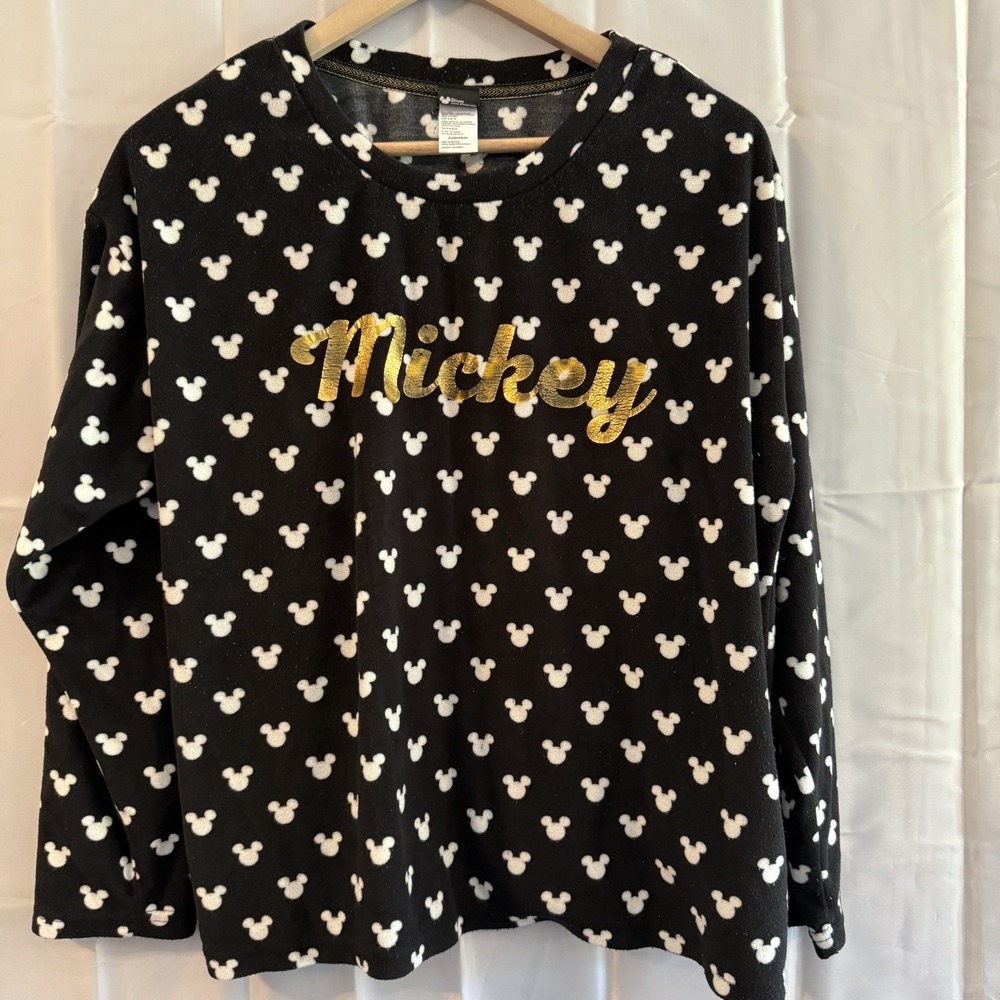 Disney Womens M Pajama‎ Set Micky Mouse Head Sleep Shirt Pants Fleece Pjs Lounge